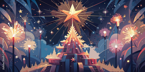 Magical christmas tree and star illuminated by sparklers and lights