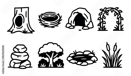 Silhouette icons: nature elements including tree, nest, cave, arch, and pond