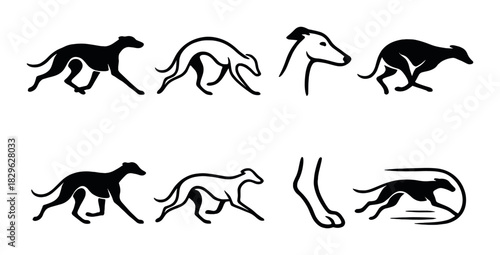 Silhouette art of greyhound dogs in various poses