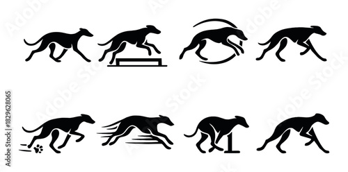 Silhouette icons of greyhound dogs: running, jumping, and agility