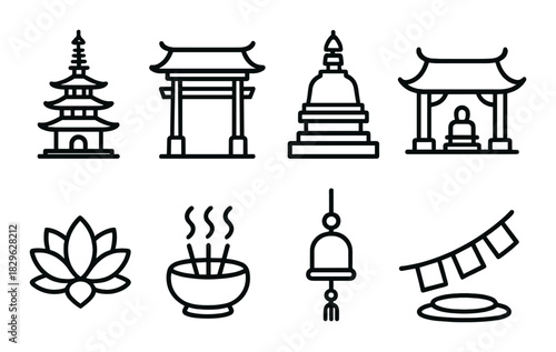 Icons of asian temple architecture and buddhism symbolism