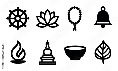 Buddhist symbols: dharma wheel, lotus, mala, bell, flame, stupa, alms bowl, leaf