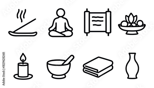 Minimalist icons for meditation and relaxation: incense, yoga, scroll, candle, bowl, towels, vase