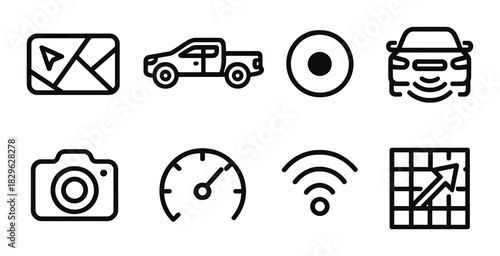 Smart car technology icons: navigation, safety, camera, wifi, speedometer