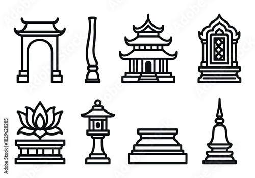Set of asian architectural icons featuring pagoda and temple designs