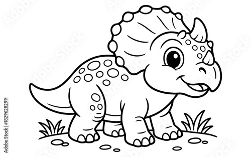 Cute triceratops coloring page for kids in black and white outline style