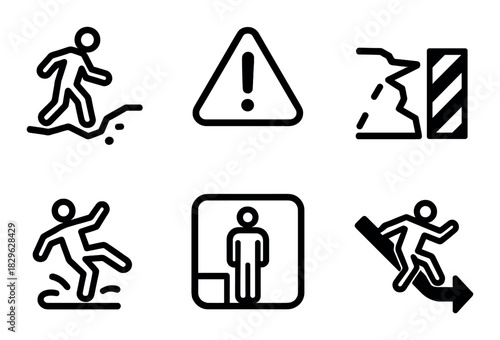 Safety hazard icons: slippery floor, falling, warning signs, wall damage