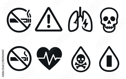 Vector icons displaying health and safety warnings with emphasis on smoking hazards