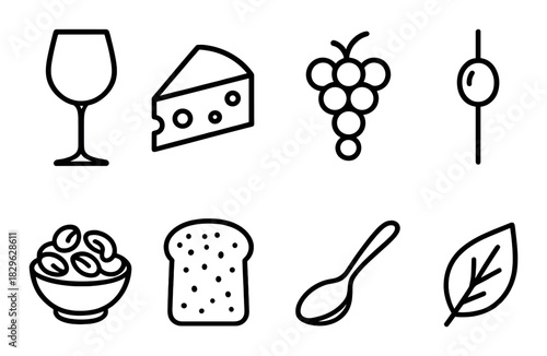 Wine, cheese, grapes, elegant icons on olive background
