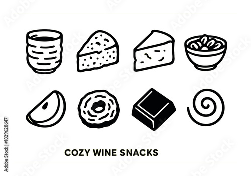 Cozy wine snacks: cheese, bowl, fruit, donut, chocolate, swirl