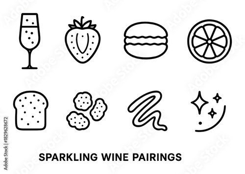 Sparkling wine pairings: glass, fruits, desserts, and bread icons on green background