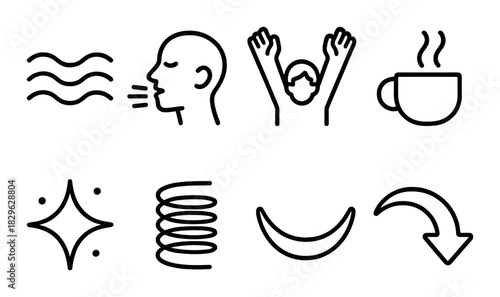 Abstract wellness icons on dark background featuring breathing, relaxation, and warmth