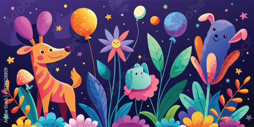 Whimsical jungle party with friendly cartoon animals and balloons