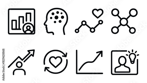 Dark themed business and technology icons for data analysis and networking concepts