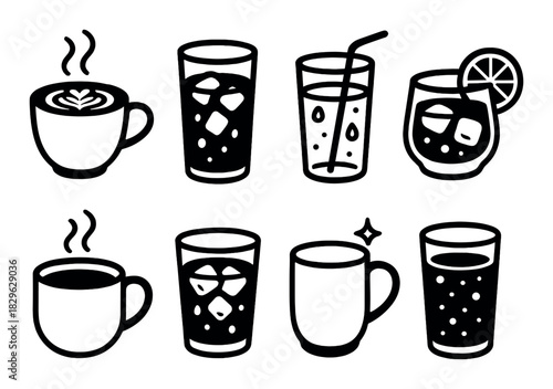 Collection of beverage icons: coffee, tea, juice, soda in diverse glasses