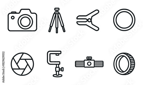 Photography equipment icons: camera, tripod, lens, shutter, clamp, led light