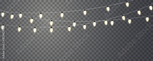Christmas string lights, shiny, festive, soft yellow bulbs. Warm, glowing string lights hanging on black wires, Twilight glow creating a cozy, perfect for celebrations, parties holiday decorations.