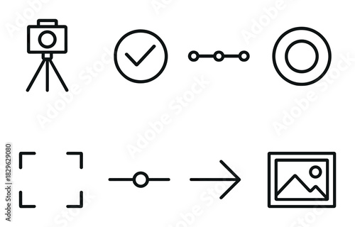 Black minimalist icons set on dark background - camera, checkmark, timeline, circle