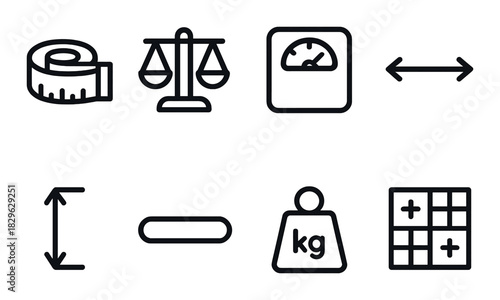 Measurement icons: ruler, scale, weight, length and calculation symbols