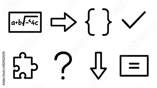 Mathematical symbols and icons: equation, arrow, curly braces, checkmark, puzzle, question mark, down arrow, equal sign