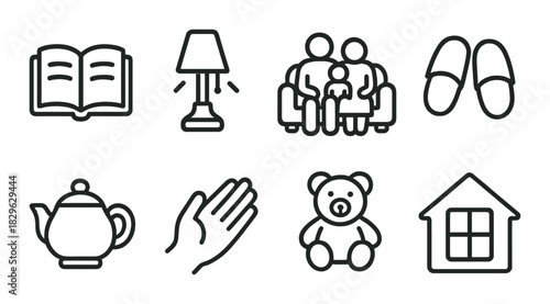 Home comfort icons: family, teapot, lamp, teddy bear, slippers, book, house