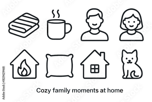 Cozy family symbols: home, coffee, pillow, fire, cat, male and female figures
