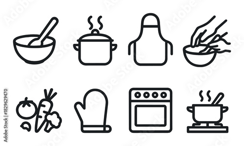 Black and white cooking icons: utensils, pot, apron, oven, vegetables