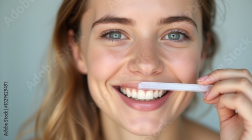 Young woman applying transparent whitening strip on upper teeth row
