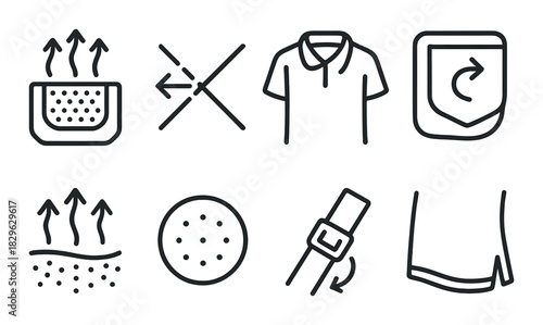 Clothing care icons for breathability, size adjustment, durability, moisture control