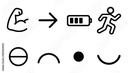 Fitness icons indicating strength, energy, and movement