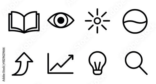 Minimalist icon set featuring book eye sun yin-yang arrow chart lightbulb and magnifying glass