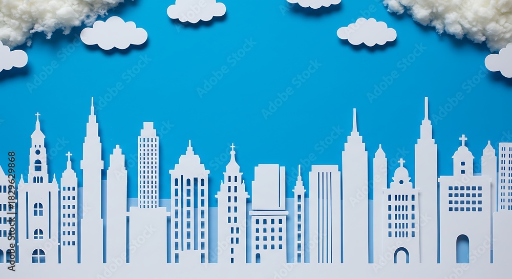 Obraz premium Paper cutout skyline under a blue sky with fluffy clouds