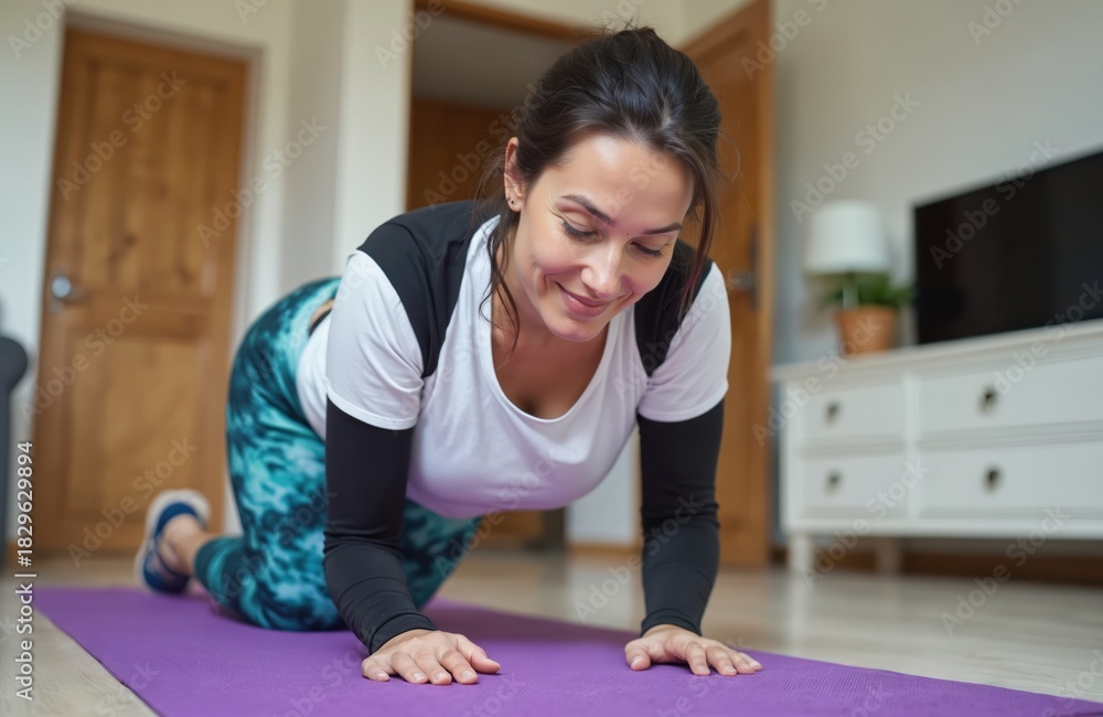 Fototapeta premium Woman performs plank exercise on purple mat in living room. Wears fitness clothes, dark hair, smiles looking down. Uses hands, knees for support, maintaining stable body. Background shows modern home