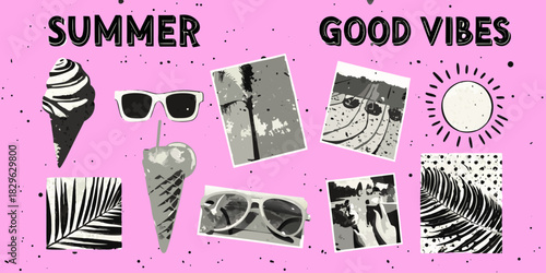 Summer good vibes illustration with ice cream and beach photos on pink