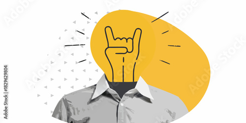 Creative idea with rock and roll hand sign in lightbulb head