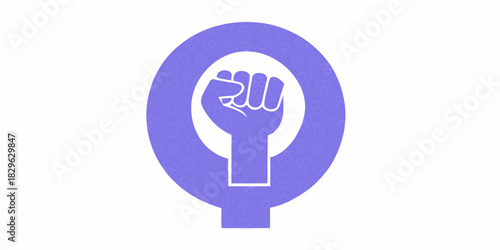 Feminist symbol with raised fist in lavender color on white background