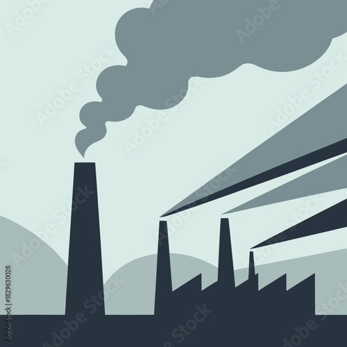 Industrial architecture illustration of a nuclear power station silhouette against an urban city skyline