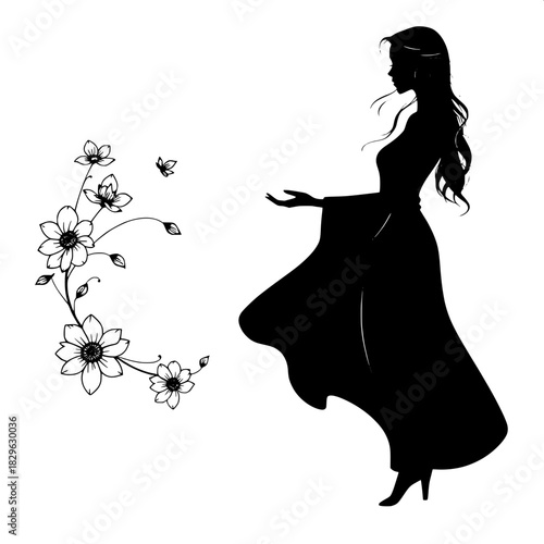 Stylized solid-black silhouette of a woman with delicate facial features and smooth dark skin, in an elegant long flowing dress that falls in soft folds to the floor, profile view, standing on a prist