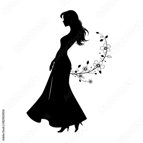 Stylized solid-black silhouette of a woman with delicate facial features and smooth dark skin, in an elegant long flowing dress that falls in soft folds to the floor, profile view, standing on a prist