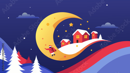 Santa on moon with houses and christmas trees art
