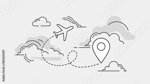 A minimalist line drawing of an airplane flying through clouds to a location pin with a dotted line, on a light gray background.