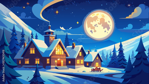 Houses covered in snow under a bright full moon