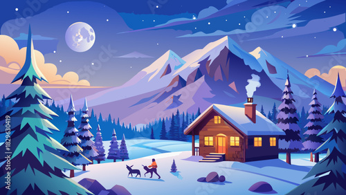 Cabin in winter snow with mountains and moonlight