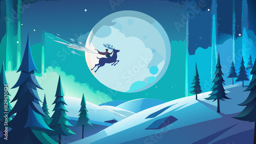 Silhouette of rider on deer against full moon night