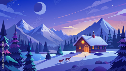 Winter landscape with cabin and mountain scene