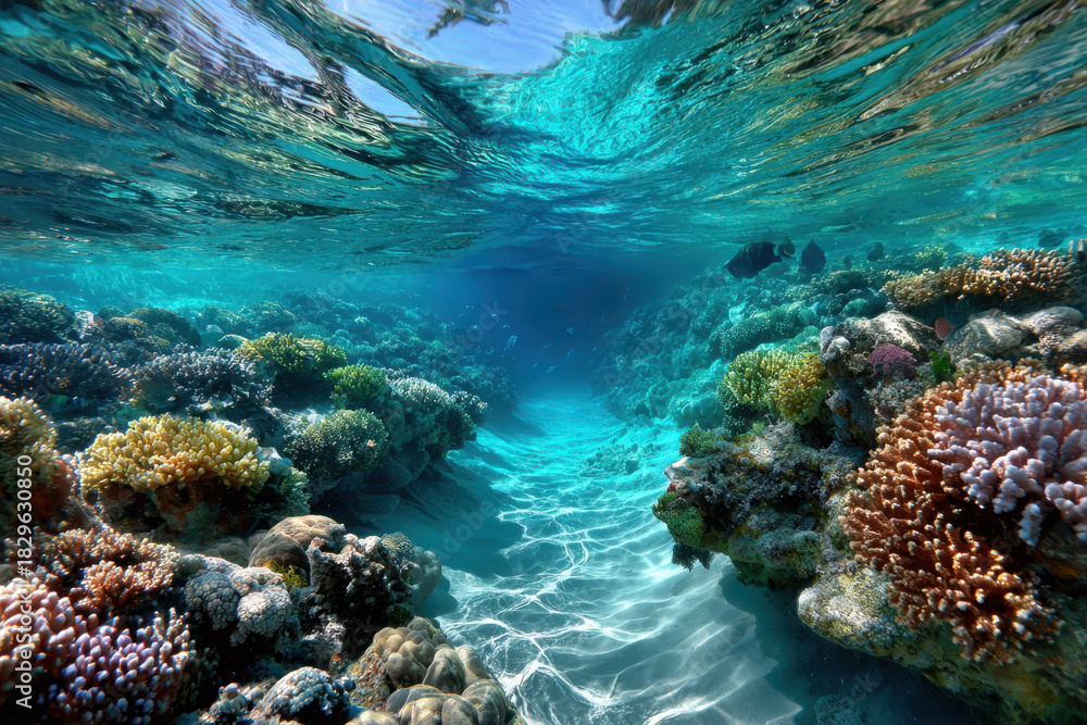 Naklejka premium Vibrant Coral Reef with Turquoise Water and Sunlight