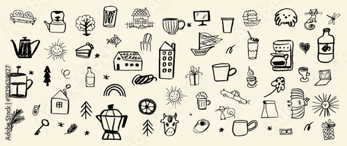 A playful hand-drawn doodle collection featuring everyday objects, home items, nature elements, animals, coffee icons, and whimsical sketches. Perfect for patterns, stickers, branding, journaling, and