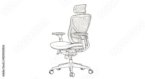 Detailed line drawing of a modern ergonomic office chair with a mesh back and headrest, illustrating comfort and support for a productive workspace