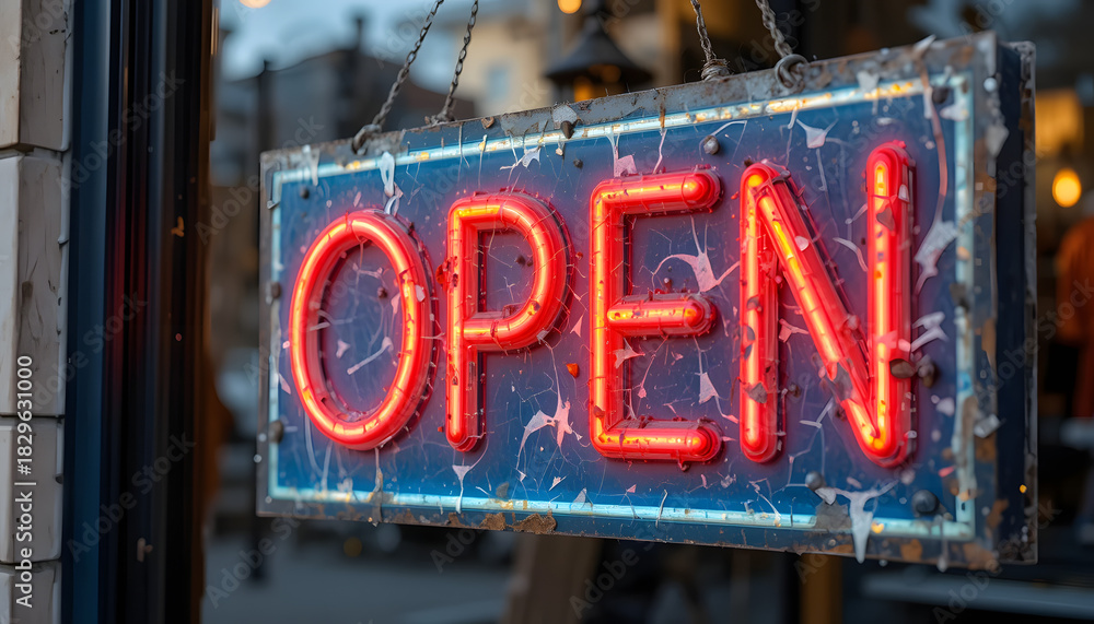 Obraz premium Neon Las Vegas open sign advertising a business for sale on a city street