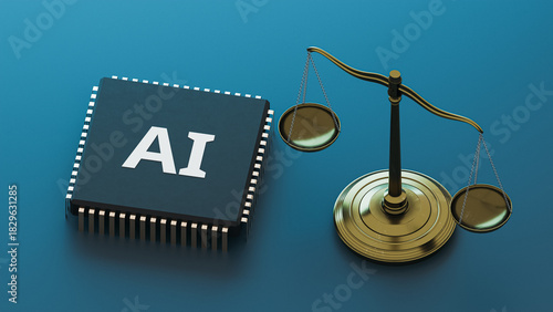 AI Chip And Golden Scales Of Justice For Artificial Intelligence Law Ethics. 3d rendering